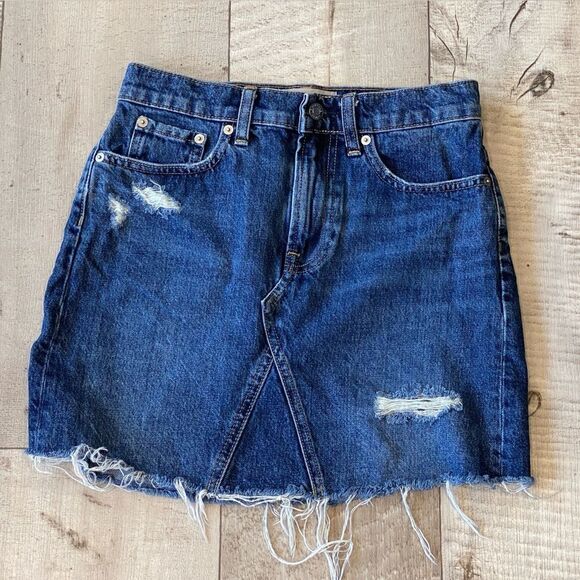 Everlane Dresses & Skirts - Everlane The Denim Reconstructed Skirt Blue Distressed Raw Hem Mini Skirt 25"